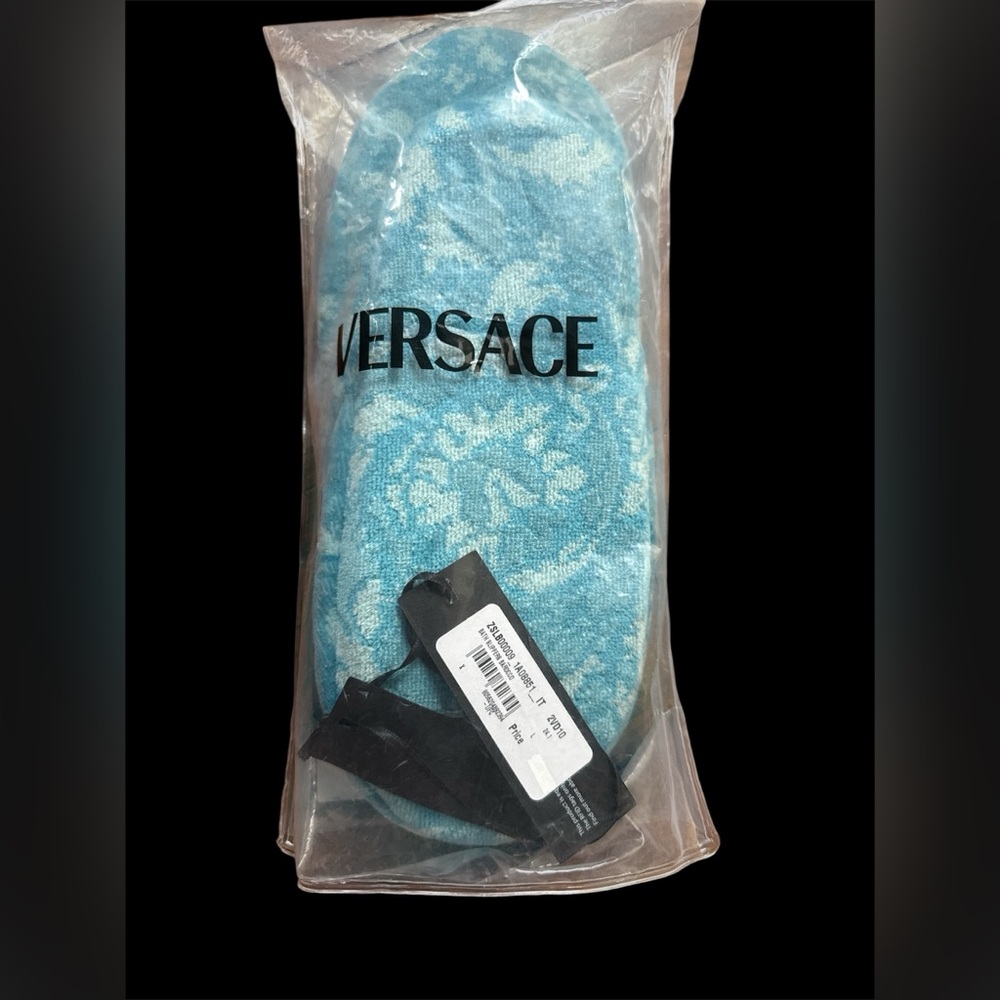 Versace NWT! Blue Borocco Bath Slippers! Size L (9-10)